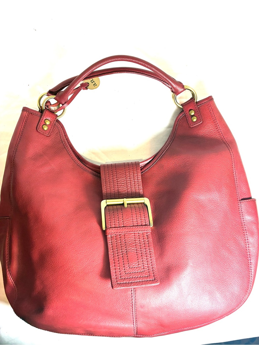 A.N.A. Red 100% Cowhide Leather Hobo Shoulder Bag Gold-Tone Hardware